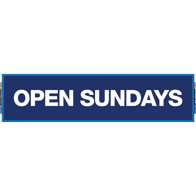 2' x 8' FullSpeed Automotive Blue Open Sundays Mesh Bay Banner (single-sided)